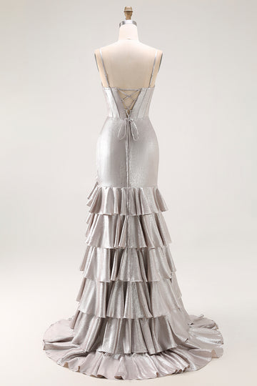 Grey Mermaid Beaded Corset Tiered Pleated Long Prom Dress with Slit
